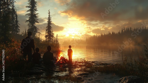 '  Family watches sunset, near lake, campfire, forest in background, calm setting.