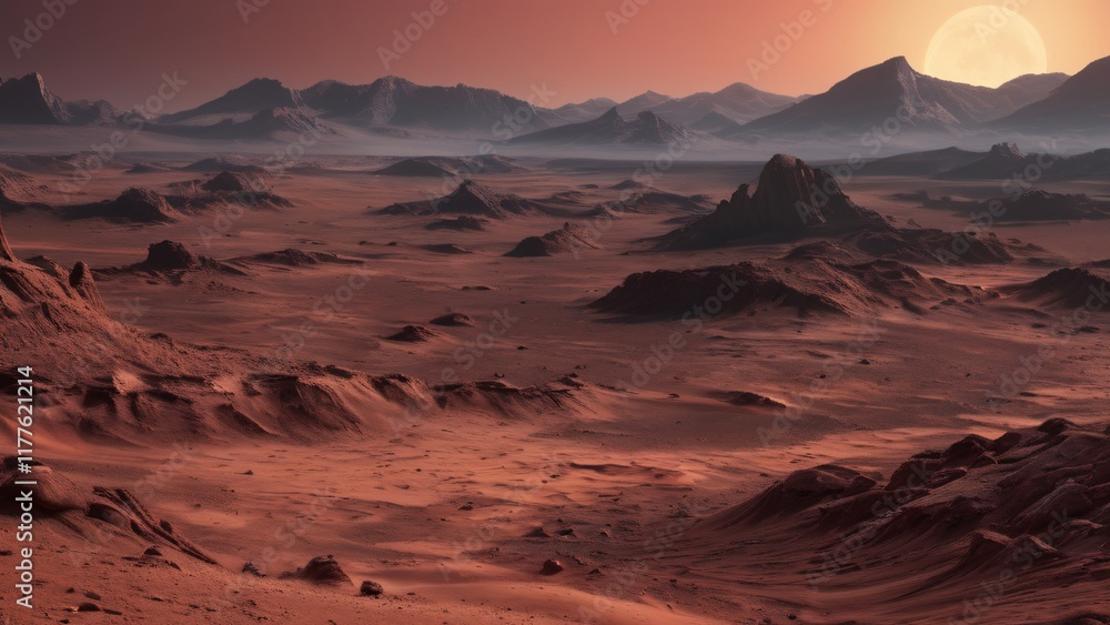 Naklejka premium Desolate Martian Landscape with Jagged Rocks, Dusty Plains, Two Moons