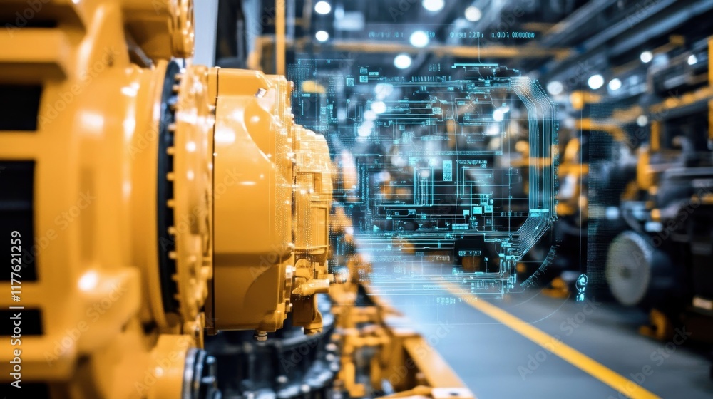 Modern robotic arm showing holographic projection of technical data and schematics in a brightly lit factory setting, representing advanced manufacturing and automation Modern robotic arm showing holographic projection of technical data and schematics in a brightly lit factory setting, representing advanced manufacturing and automation