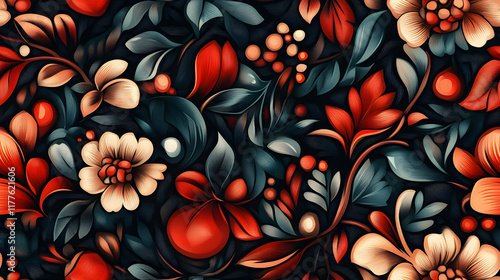 Elegant floral pattern with vibrant red and cream flowers on dark background