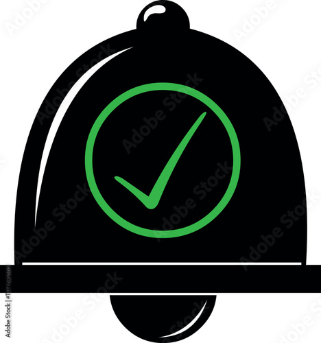 vector illustration black bell icon with green checkmark, under alarm activated concept