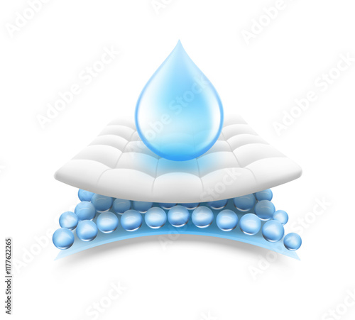 Realistic drop with layered absorbent core that shows prevents leaking. Vector illustration isolated on white background. Perfect for hygiene product and absorbent materials. EPS10.
