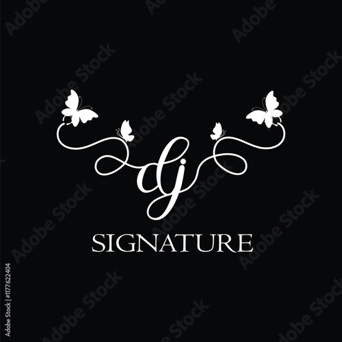 DJ Handwritten initial letter, DJ simple signature vector logo with butterfly shape variation, beauty, photography letter logo design. D J