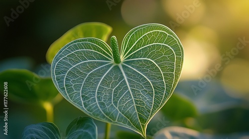 Heart-shaped leaf, vibrant green, backlit, natural light, close-up, nature, plant