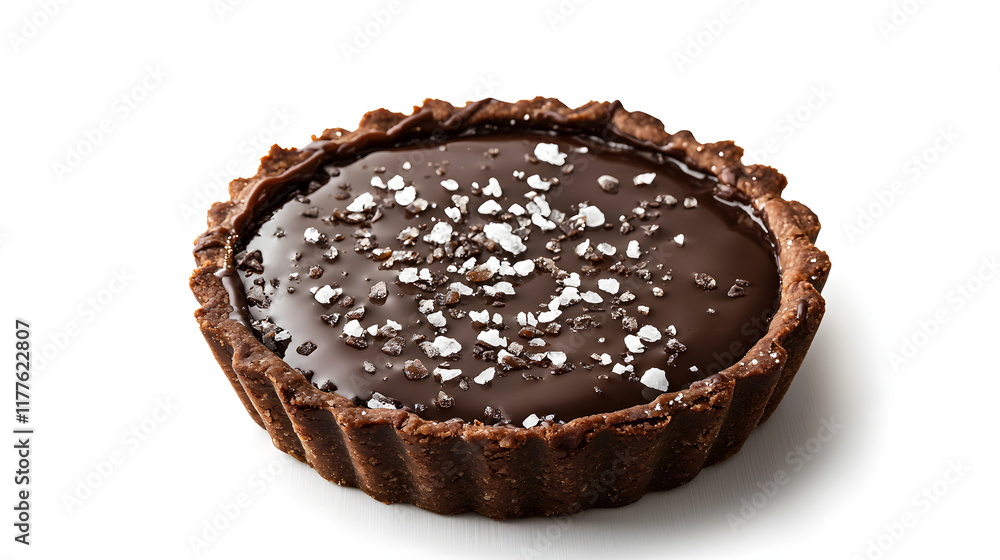 Exquisite French Chocolate Tart with Sea Salt on a White Background Exquisite French Chocolate Tart with Sea Salt on a White Background