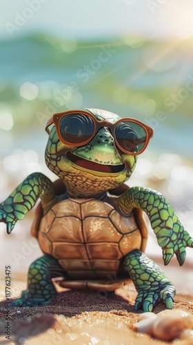 Fun cartoon image of a turtle wearing sunglasses on the beach. Great for children's apps, summer advertising campaigns and themed event design. photo