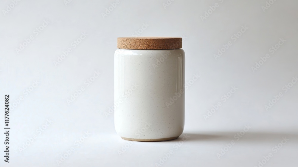 Minimalist White Jar with Wooden Lid on Background Minimalist White Jar with Wooden Lid on Background