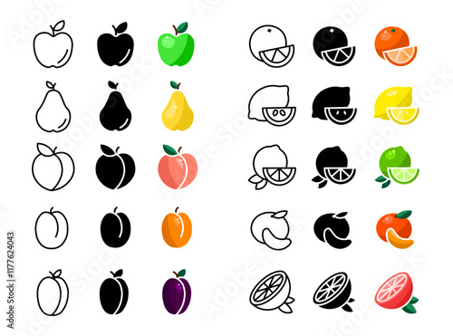Fruits and citrus icon set. Plum pictogram. Apple and pear sign. Peach and apricot symbol. Lemon, lime, orange and tangerine citrus illustration.