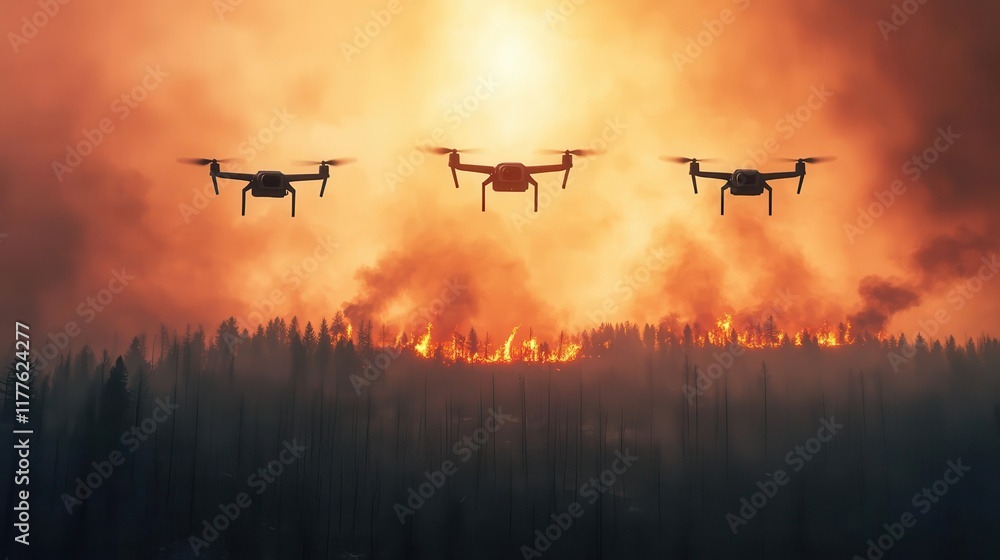 Drones dispersing seeds over a burned forest, symbolizing restoration and conservation technology Drones dispersing seeds over a burned forest, symbolizing restoration and conservation technology