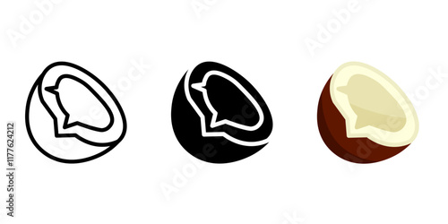 Coconut color icon. Half coco sign. Tropical and exotic fruit symbol. Coconut milk and oil logo. Summer pictogram.