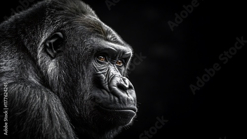 Intense Gorilla Portrait, Dramatic Side Profile, High Contrast Black and White Photography. photo