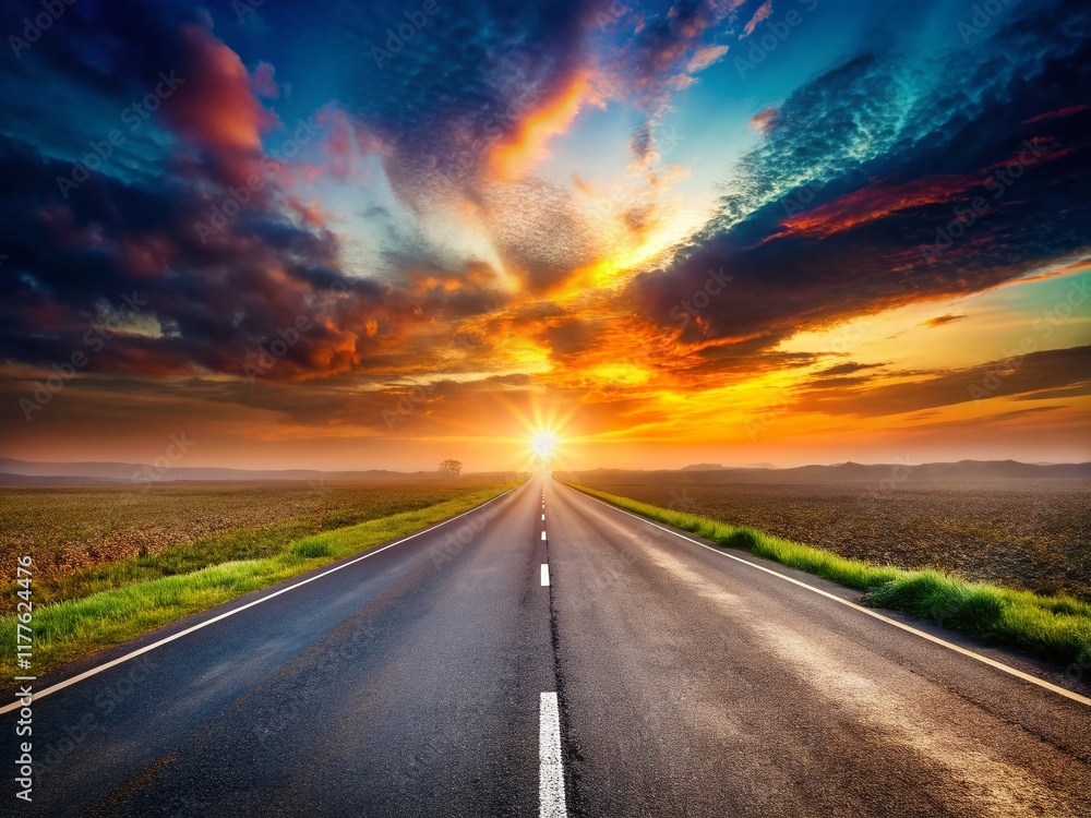 Naklejka premium Panoramic Empty Road Vanishing at Horizon - Stock Photo