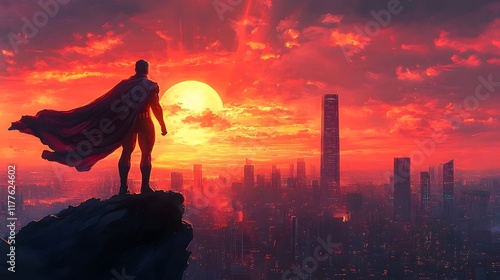 Majestic Superhero Surveying Vibrant Futuristic City Skyline at Dusk