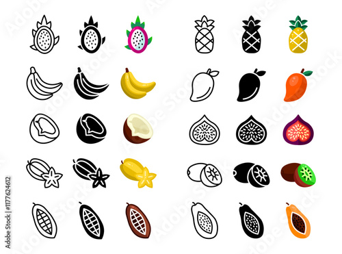 Exotic and tropical fruits icon set. Pitaya and papaya pictogram. Kiwi and pineapple sign. Banana and mango symbol. Coconut and cacao illustration.
