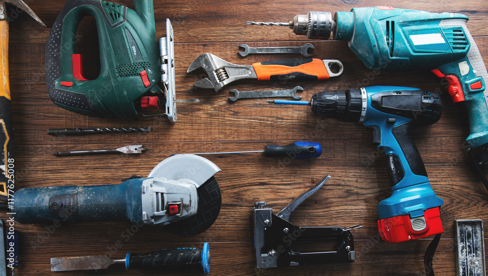 set of different tools on wooden background set of different tools on wooden background