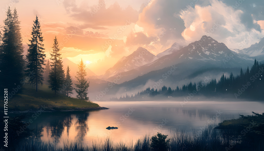 Fototapeta premium Serene Sunset Over Mountain Lake And Pines