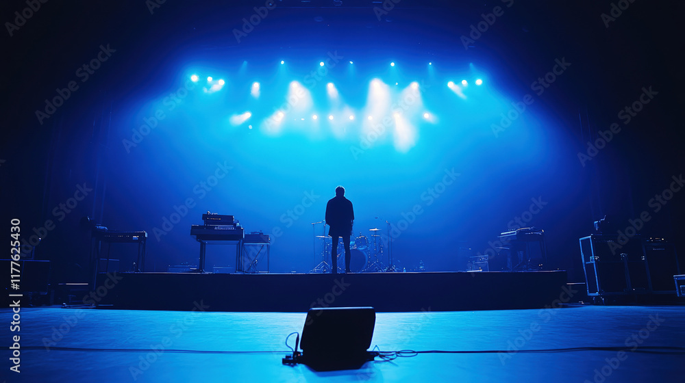 Fototapeta premium A lonely musician stands on a concert stage under blue spotlights, surrounded by musical instruments and equipment, sound check before the concert.