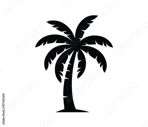 Simple Silhouette of a Tropical Coconut Palm Tree. A clean, bold silhouette of a coconut palm tree against a plain white background..