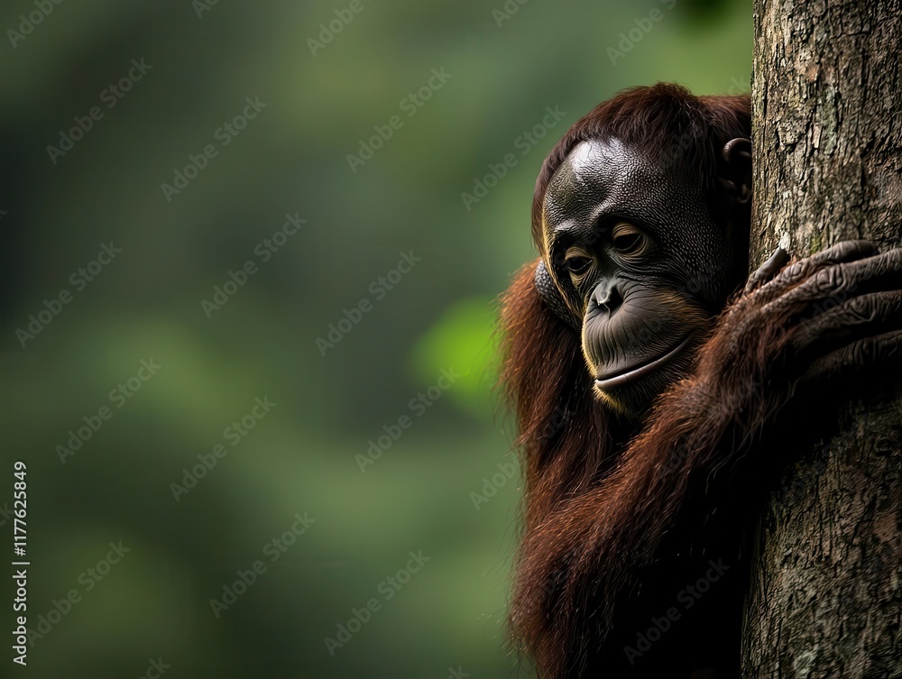 Fototapeta premium An orangutan clinging to a tree in a shrinking forest, emphasizing deforestation s impact on wildlife