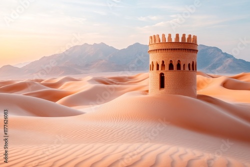 A simple geometric design of the Al Jahili Fort, focusing on its iconic tower structure in sandy tones photo