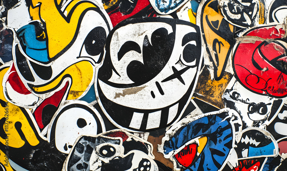 Obraz premium Vibrant collage of colorful, weathered stickers featuring cartoon characters and abstract designs, creating a textured, urban art background.