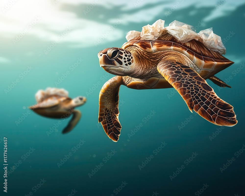 Obraz premium Underwater view of sea turtles surrounded by floating plastic waste, symbolizing the impact of pollution on wildlife