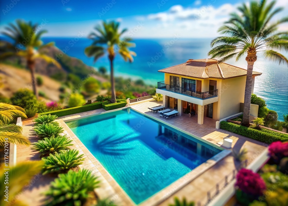 Fototapeta premium Panoramic Ocean View Pool Villa with Tilt-Shift Effect