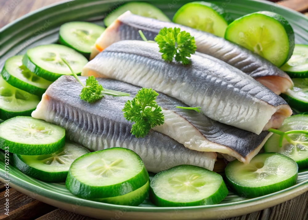 Panoramic Photo: Fresh Dutch Herring with Cucumber Slices on a Plate Panoramic Photo: Fresh Dutch Herring with Cucumber Slices on a Plate