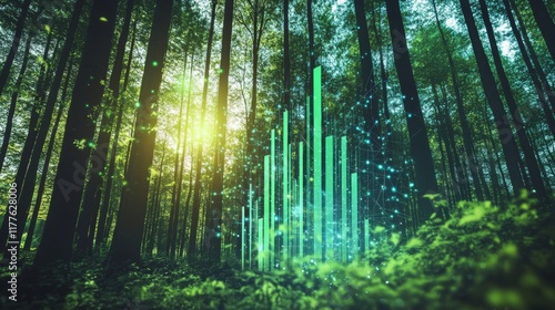 forest with a digital overlay showing a bar graph and numerical data representing carbon offset values, carbon credit concept.