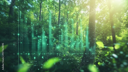 forest with a digital overlay showing a bar graph and numerical data representing carbon offset values, carbon credit concept.
