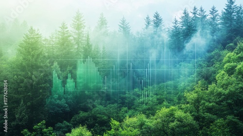 forest with a digital overlay showing a bar graph and numerical data representing carbon offset values, carbon credit concept.