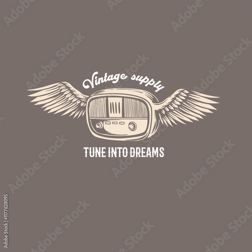 Vintage Radio Design with Wings and Inspirational Text Artwork