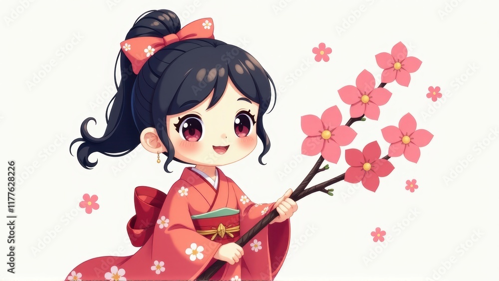 Adorable Anime Girl in Kimono with Cherry Blossoms Adorable Anime Girl in Kimono with Cherry Blossoms