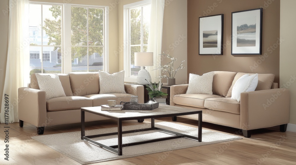 Fototapeta premium Cozy modern living room with beige sofas and minimalist decor in sunlit space