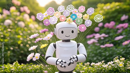 Cute robot holding a bouquet made of ai flowers photo