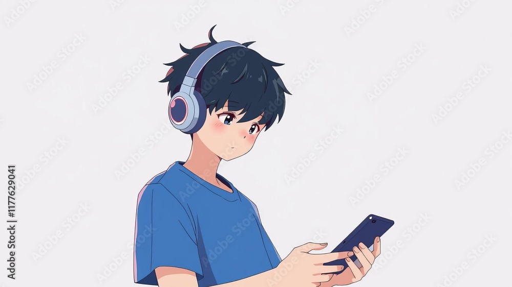 Anime character with black hair wearing a blue t shirt and headphones, listening to music on a blue background, cute, aesthetic, sound Anime character with black hair wearing a blue t shirt and headphones, listening to music on a blue background, cute, aesthetic, sound