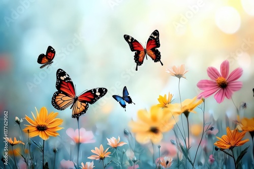 A vibrant meadow filled with wildflowers, with butterflies fluttering between the blooms