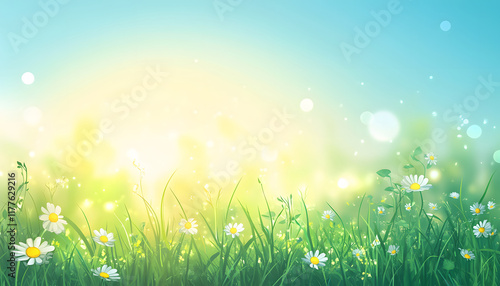 Daisies bloom in a sunny green meadow