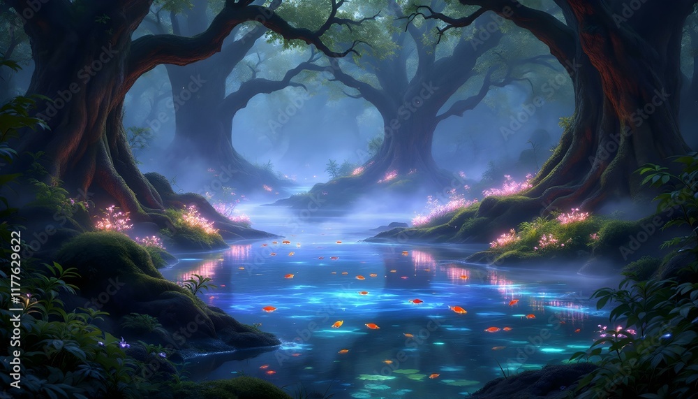 Enchanted Forest Stream: A Dreamlike, Luminescent Scene Enchanted Forest Stream: A Dreamlike, Luminescent Scene