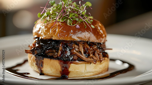 Gourmet Pulled Pork Sandwich on a Rustic Plate with Microgreens photo