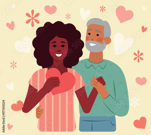 Pareja interracial de enamorados con diferencia de edad con corazones y flores San valentín