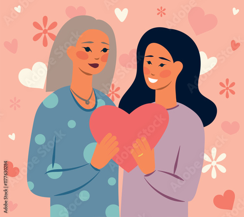 Pareja Femenina Sosteniendo un Corazón en un Fondo Romántico San Valentín