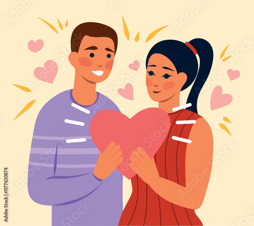 Pareja de enamorados sosteniendo corazón en fondo beige, simbolizando amor y felicidad- San Valentín