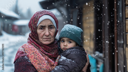 An elderly homeless Islamic woman holds young child in her arms in the winter. Refugee camp, place of temporary refuge, integration of migrants and immigrants. photo