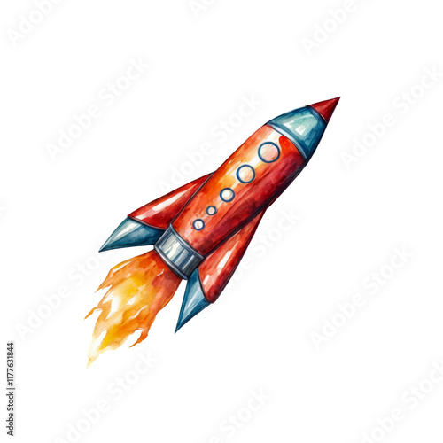 Red Rocket Watercolor Illustration: A whimsical hand-painted watercolor rocket ship blasts off into the unknown, symbolizing the boundless potential of innovation and imagination.  photo