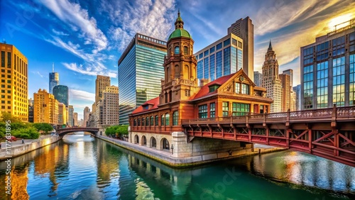 Panoramic View of Chicago Riverwalk Bridgehouse Architectural Exterior