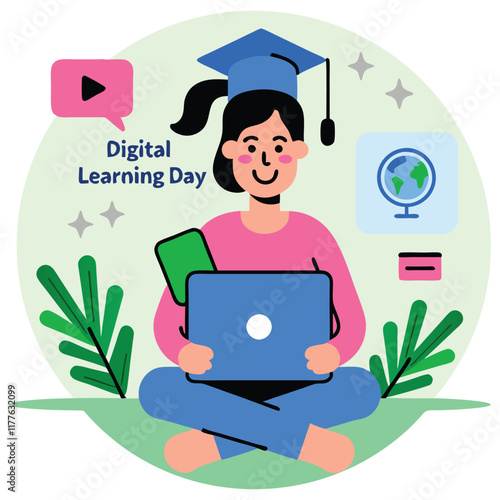 Illustrated representation of a student engaging with digital learning, equipped with a laptop and surrounded by educational symbols