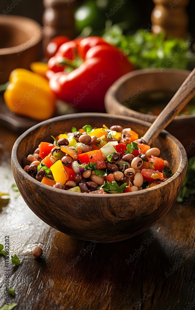 A vibrant black eyed pea salad, with colorful bell peppers, tomatoes, and herbs, served in a rustic bowl with a touch of olive oil drizzle A vibrant black eyed pea salad, with colorful bell peppers, tomatoes, and herbs, served in a rustic bowl with a touch of olive oil drizzle