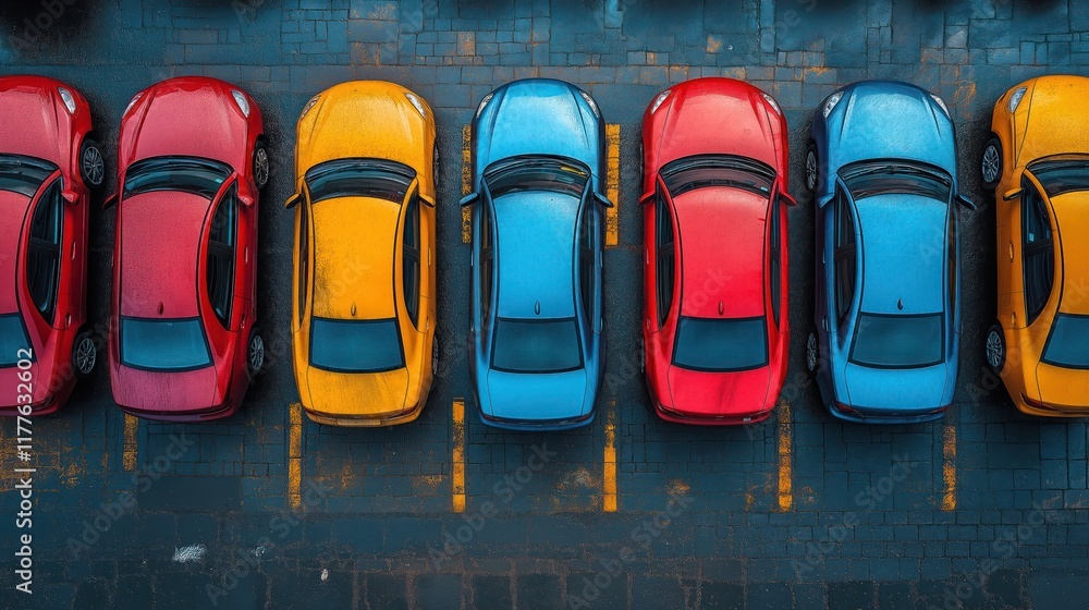 Fototapeta premium A rental car service lot with vehicles lined up in neat rows, ready for customers, on a sunny day