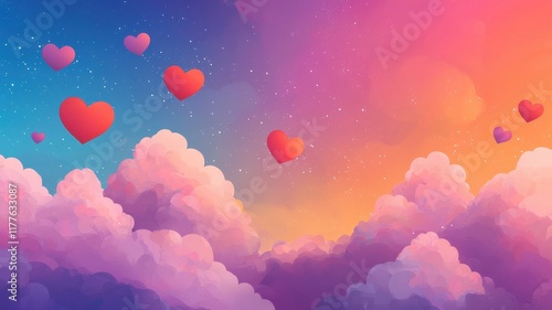A whimsical sky filled with floating rainbow hearts, cheerful tones, and soft dreamy textures, playful design.